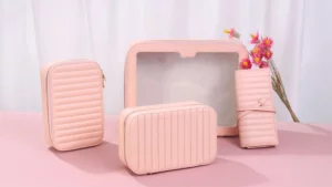 imc028 recycled pu leather pink make up case with tpu desplay window wholesale