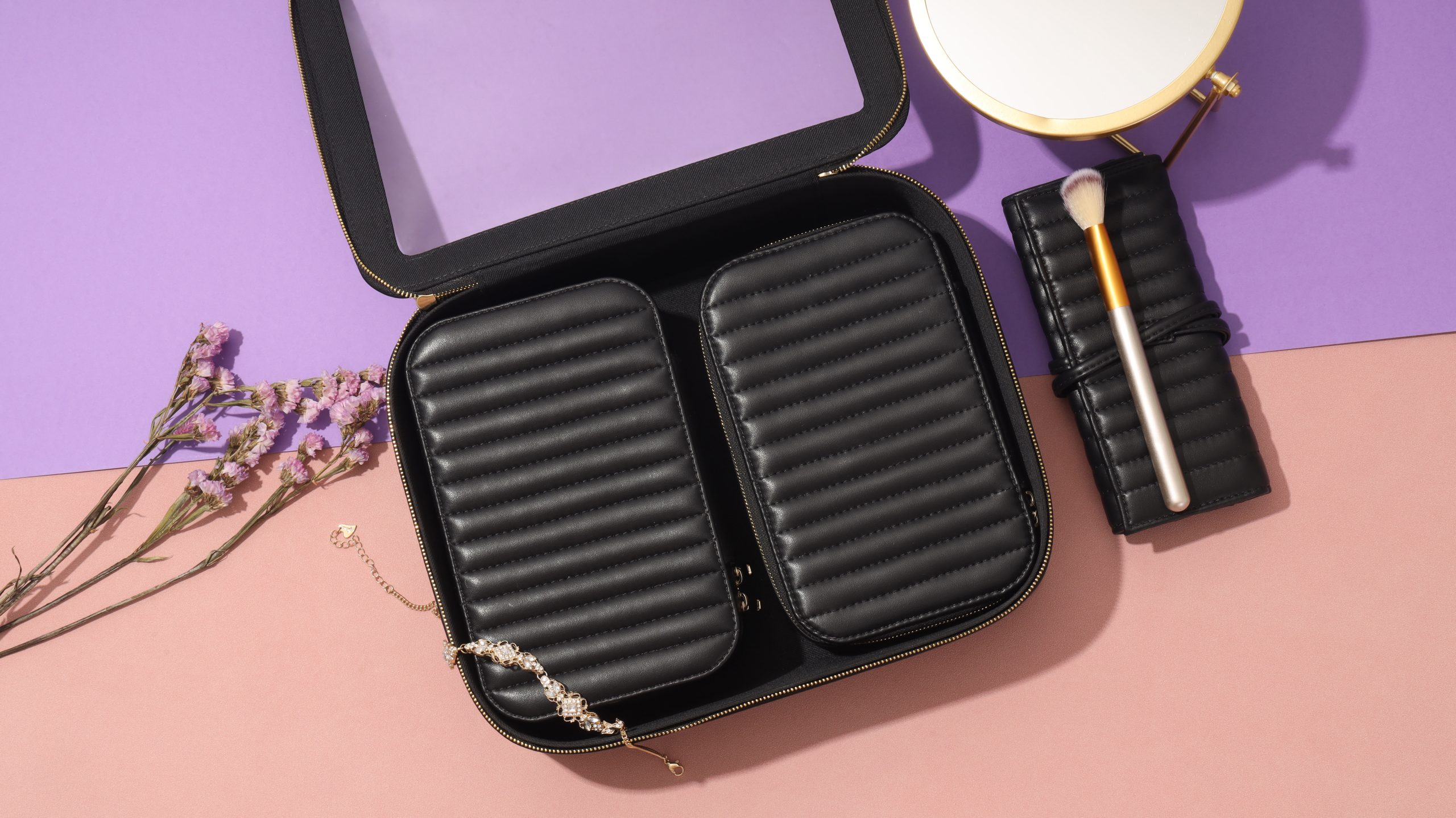 Structured cosmetic travel case with plant based leather finish