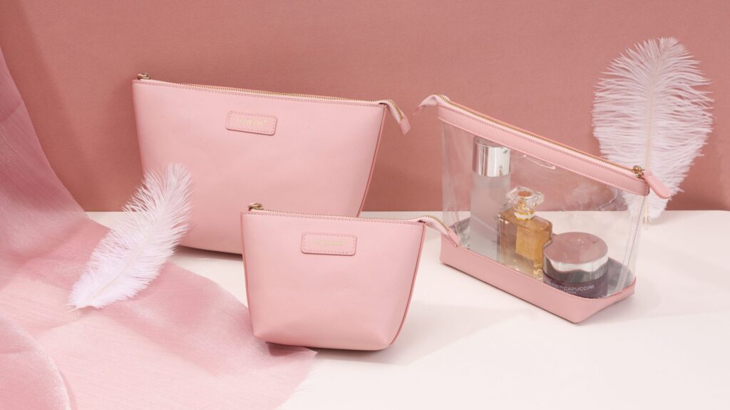 Private label cosmetic bags in recycled vegan leather material for sample approval