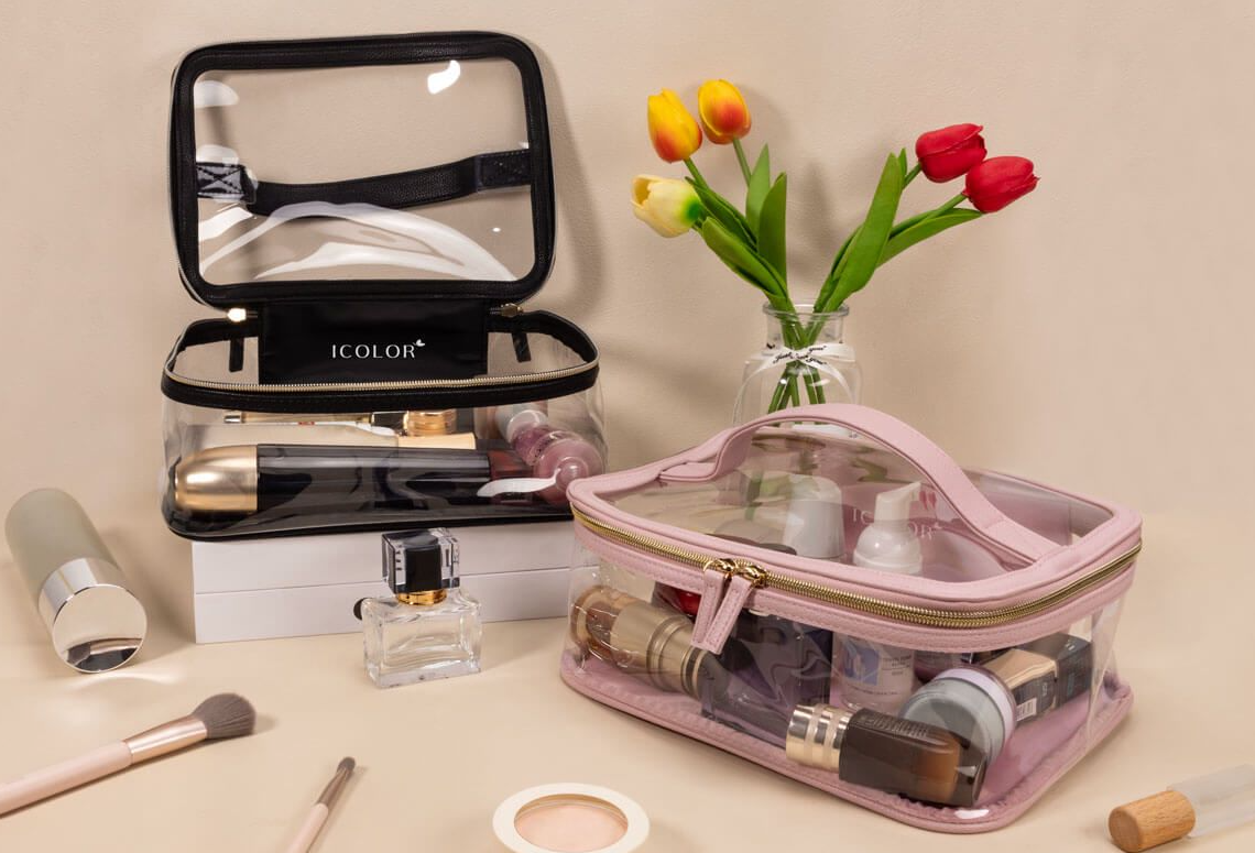 Clear TPU cosmetic and travel pouches shown with beauty products