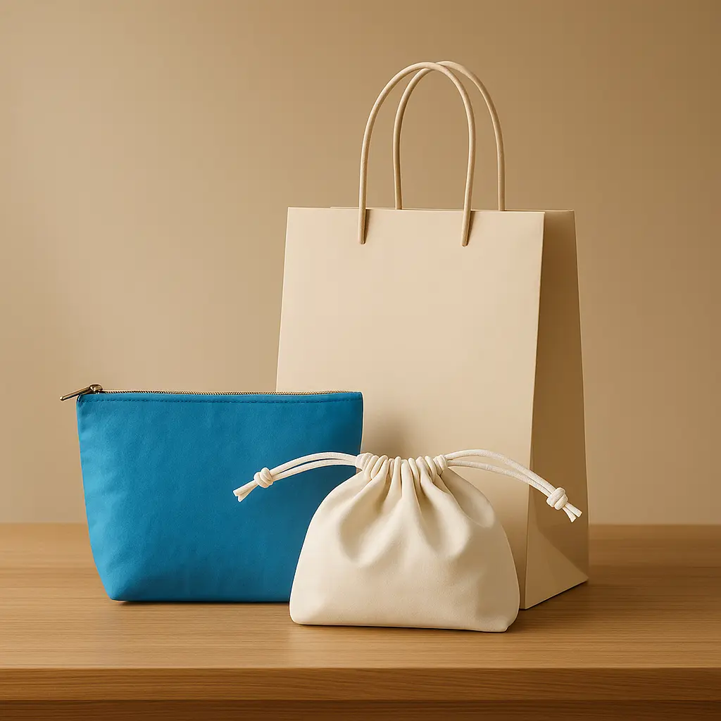Sustainable pouches and bags collection displayed on a wooden table with soft warm lighting and a beige gradient background, designed for luxury eco-conscious brands.