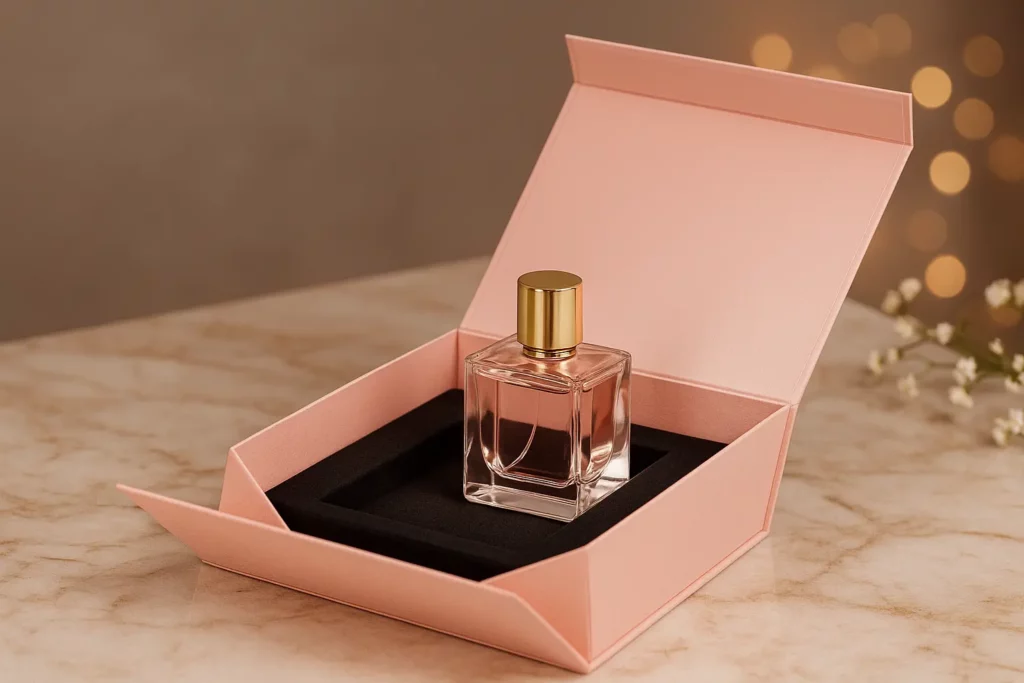 Blush collapsible perfume box with assembled retail presentation