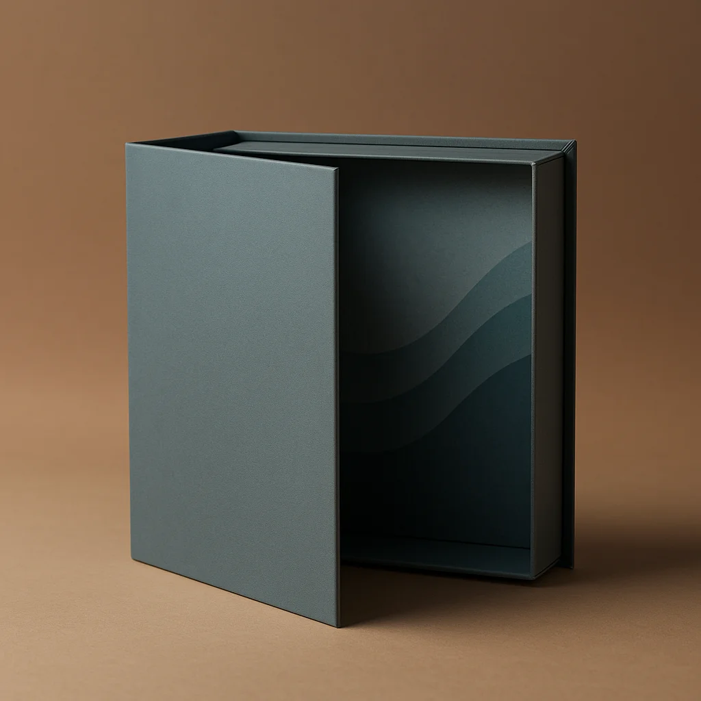 3D render of drawer box with magnetic flap showing sliding tray and front magnetic closure design for luxury product packagingv