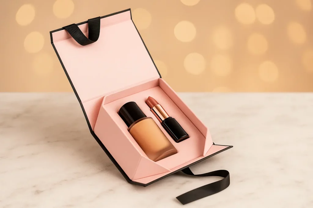 Collapsible cosmetic box with ribbon for beauty packaging sample review