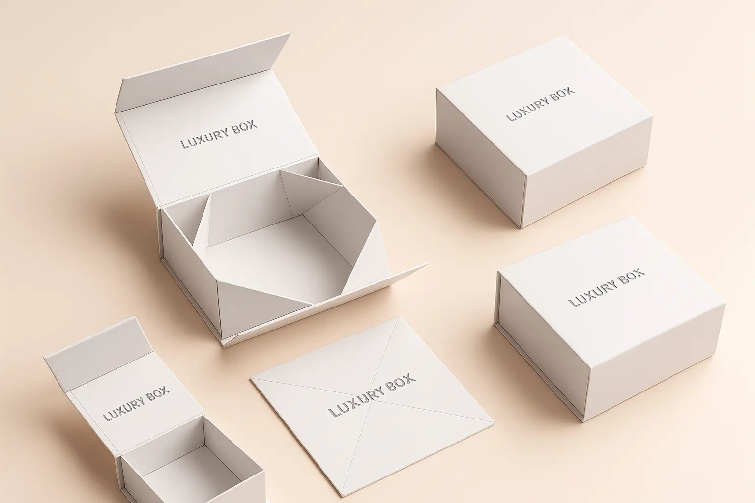 Collection of collapsible rigid boxes showing flat-pack folding structure in premium packaging design.