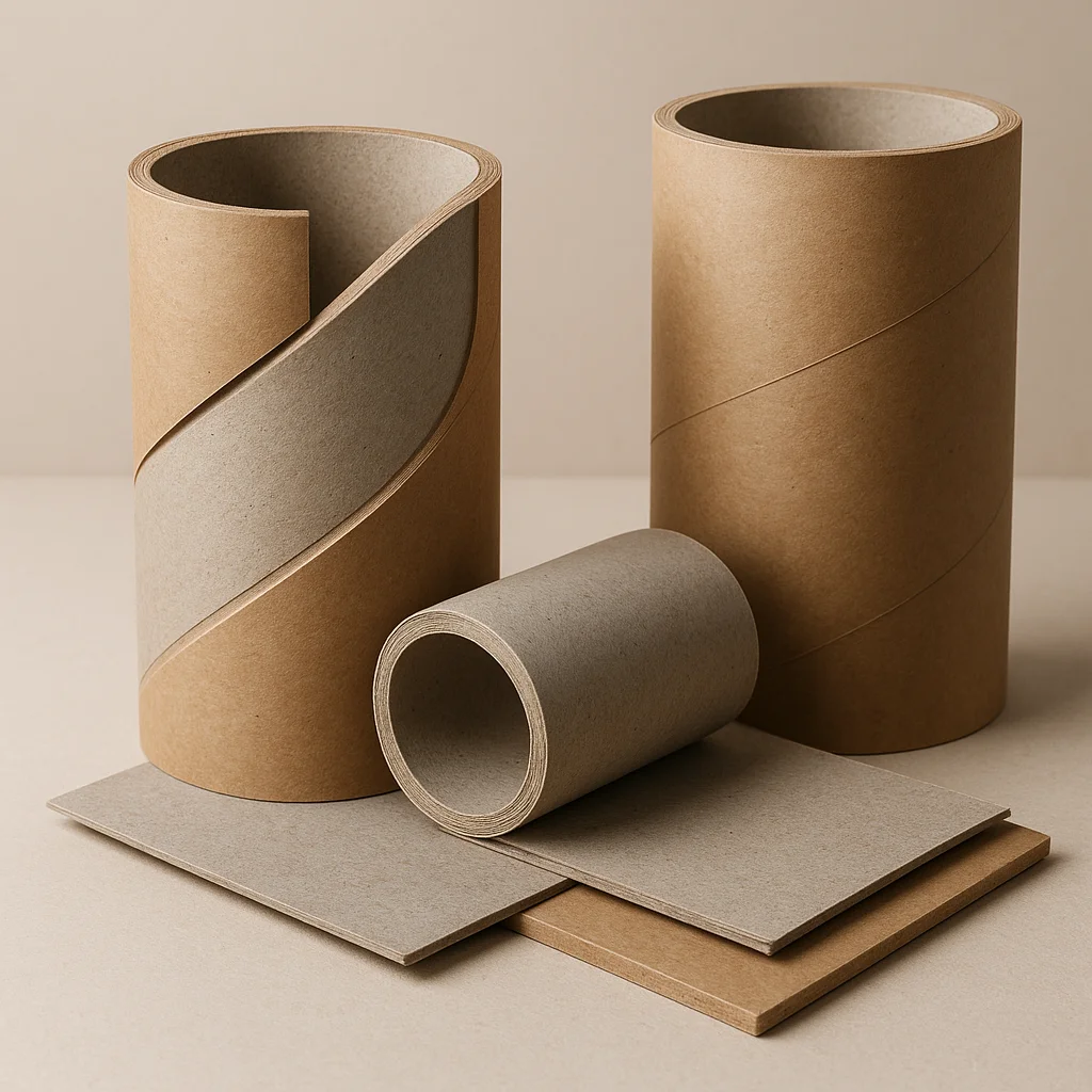 Core material made from 100% recycled paperboard in various thicknesses, showing the inner structure of eco-friendly paper tube packaging.
