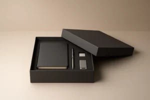 Large-format corporate gift box with custom insert holding multiple promotional items such as pen, notebook, and USB drive