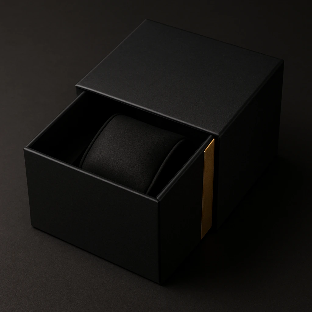 Matte black drawer box with gold accent for a luxury watch, featuring elegant lighting and minimalist presentation.
