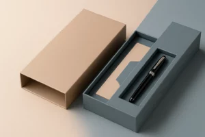 Luxury rigid drawer box packaging designed for stationery and corporate gifts, photographed in soft daylight on a clean pastel background (light beige or dusty blue). The box is partially open, revealing a custom insert holding a premium fountain pen or a set of elegant greeting cards. Materials include textured matte paperboard and refined finishing. The sliding tray and sleeve design convey sophistication and reusability. No logos or text, minimal, elegant, and suitable for a high-end packaging website.