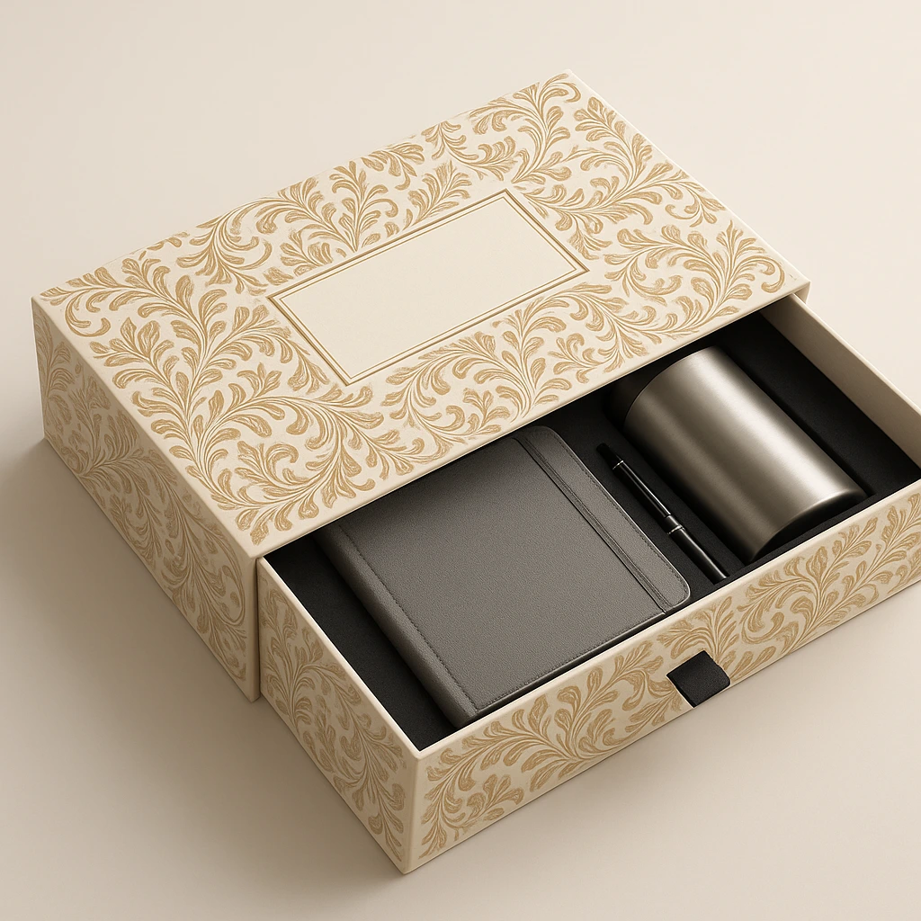 Custom printed drawer box for a promotional gift set, showing elegant structure and coordinated design.
