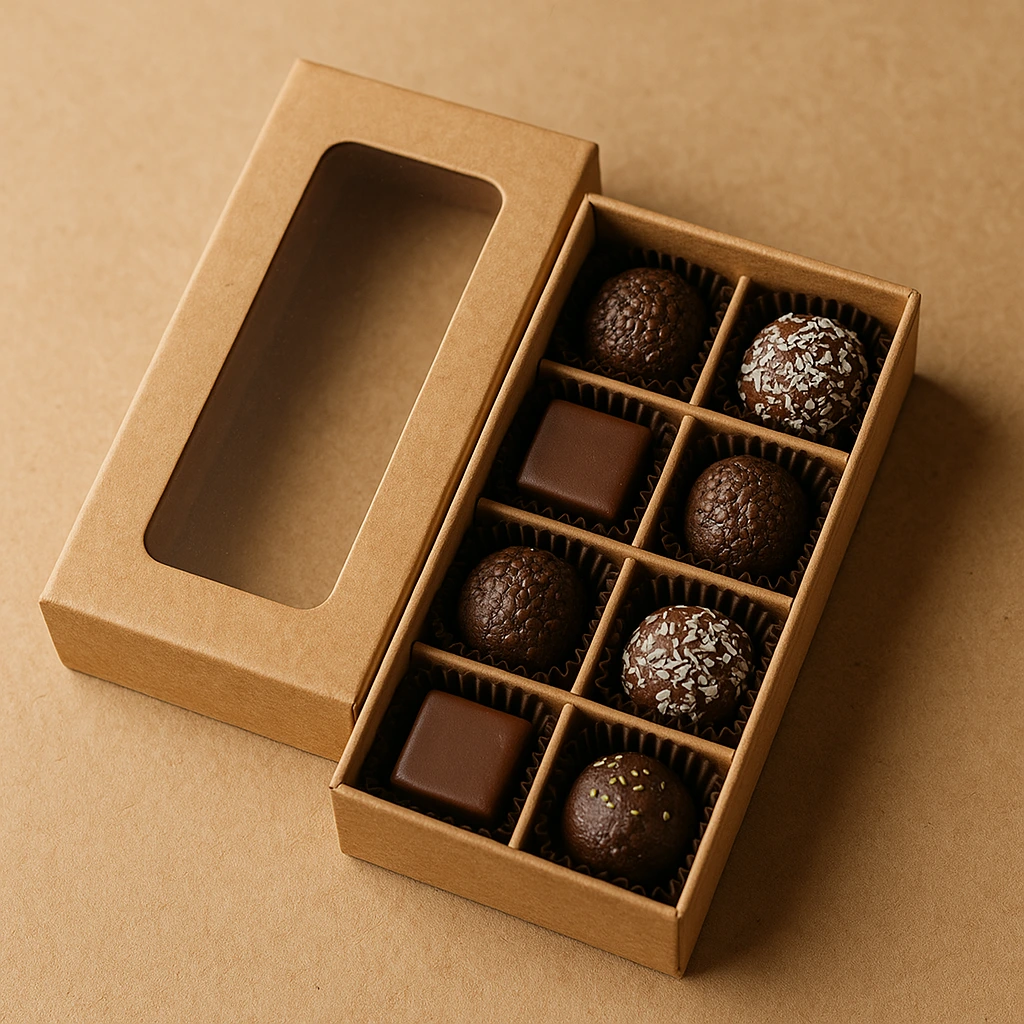 Natural kraft paper slide box with a window for organic chocolates, eco-friendly design with warm natural tones.