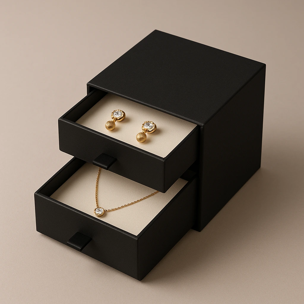 Two-tier drawer box for a jewelry set, featuring multiple sliding trays and a refined pastel background.