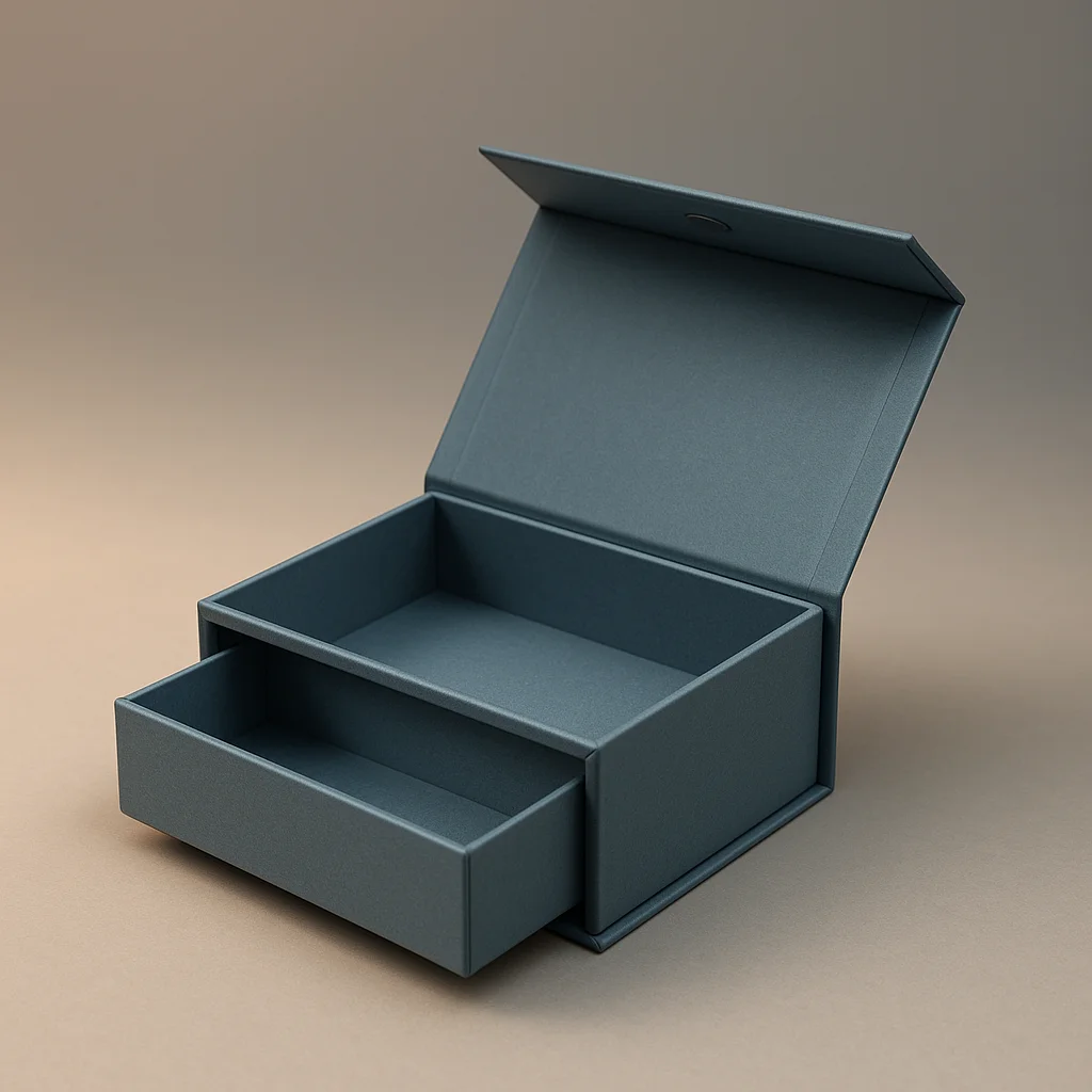 3D render of drawer box with magnetic flap showing sliding tray and front magnetic closure design for luxury product packaging