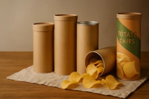 Eco-friendly paper tube packaging for potato chips and snacks, recyclable food-grade kraft tubes with matte finish and realistic chips displayed beside &mdash; sustainable packaging for gourmet food brands.