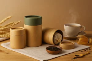 Eco-friendly paper tube packaging for premium tea, kraft paper tubes with natural matte texture displayed beside teacups and loose tea leaves &mdash; sustainable packaging for tea and beverage brands.