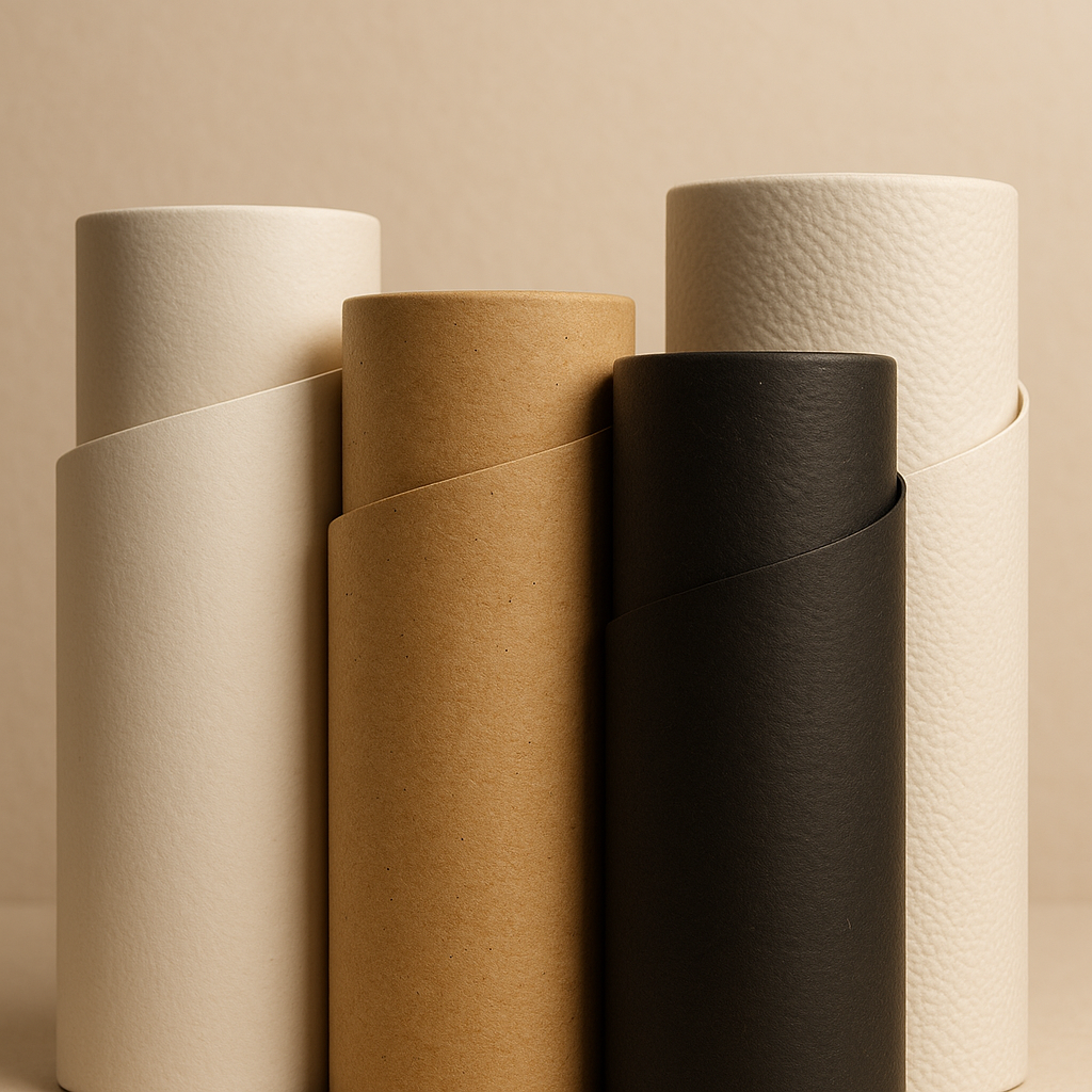 Exterior wrap materials for paper tube packaging showing art paper, natural kraft paper in brown, black, and white, and specialty textured papers — premium eco-friendly surface finishes.