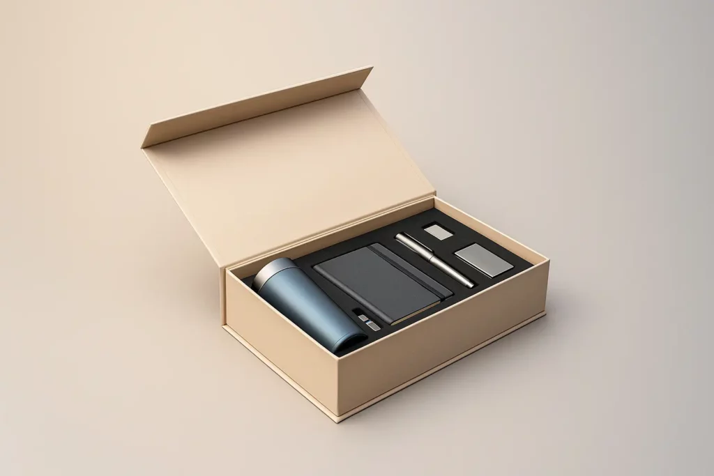 Foldable magnetic closure gift box for corporate marketing kit packaging