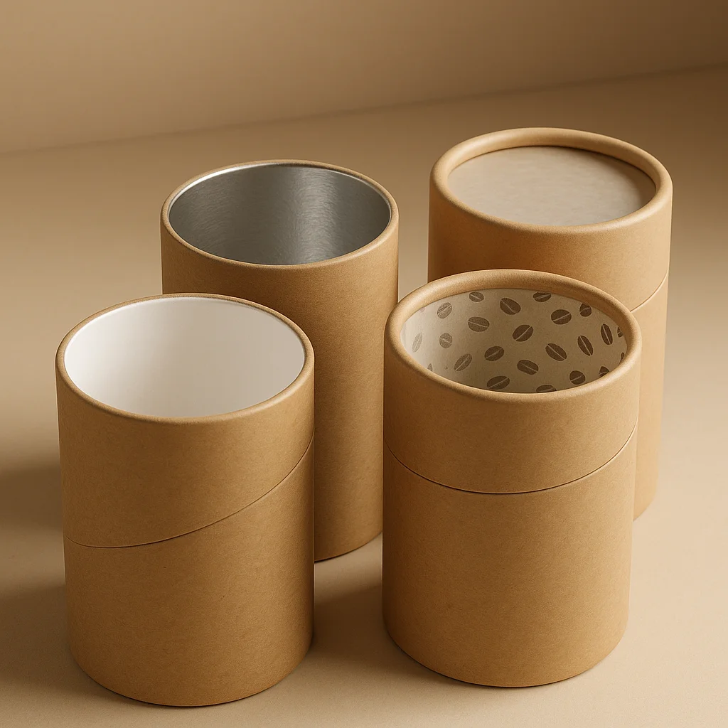 Interior lining materials for paper tube packaging showing food-grade foil, glassine, and custom printed linings — durable eco-friendly options for food and cosmetic packaging.