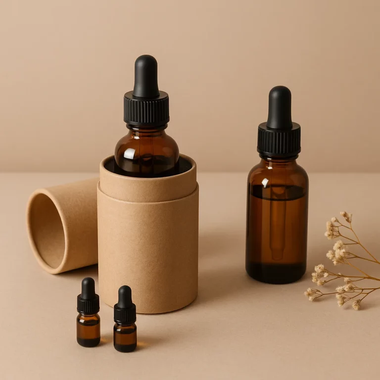 Kraft paper essential oil tube packaging with foam insert and glass bottle