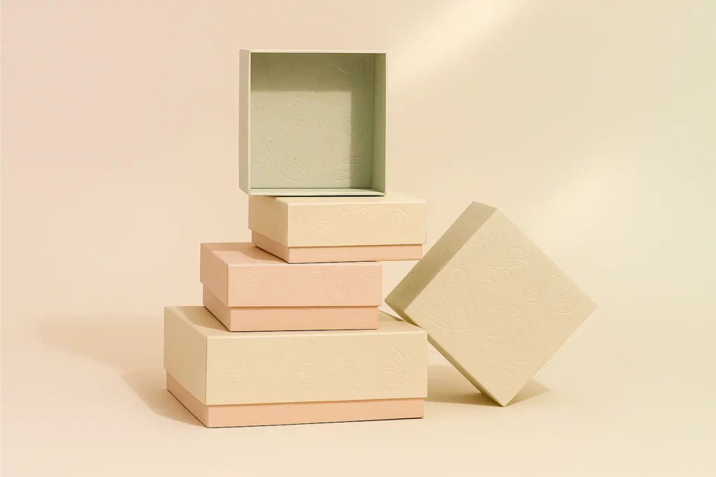 Luxury lid and base rigid boxes with elegant embossed floral and geometric patterns in pastel tones, premium packaging design banner