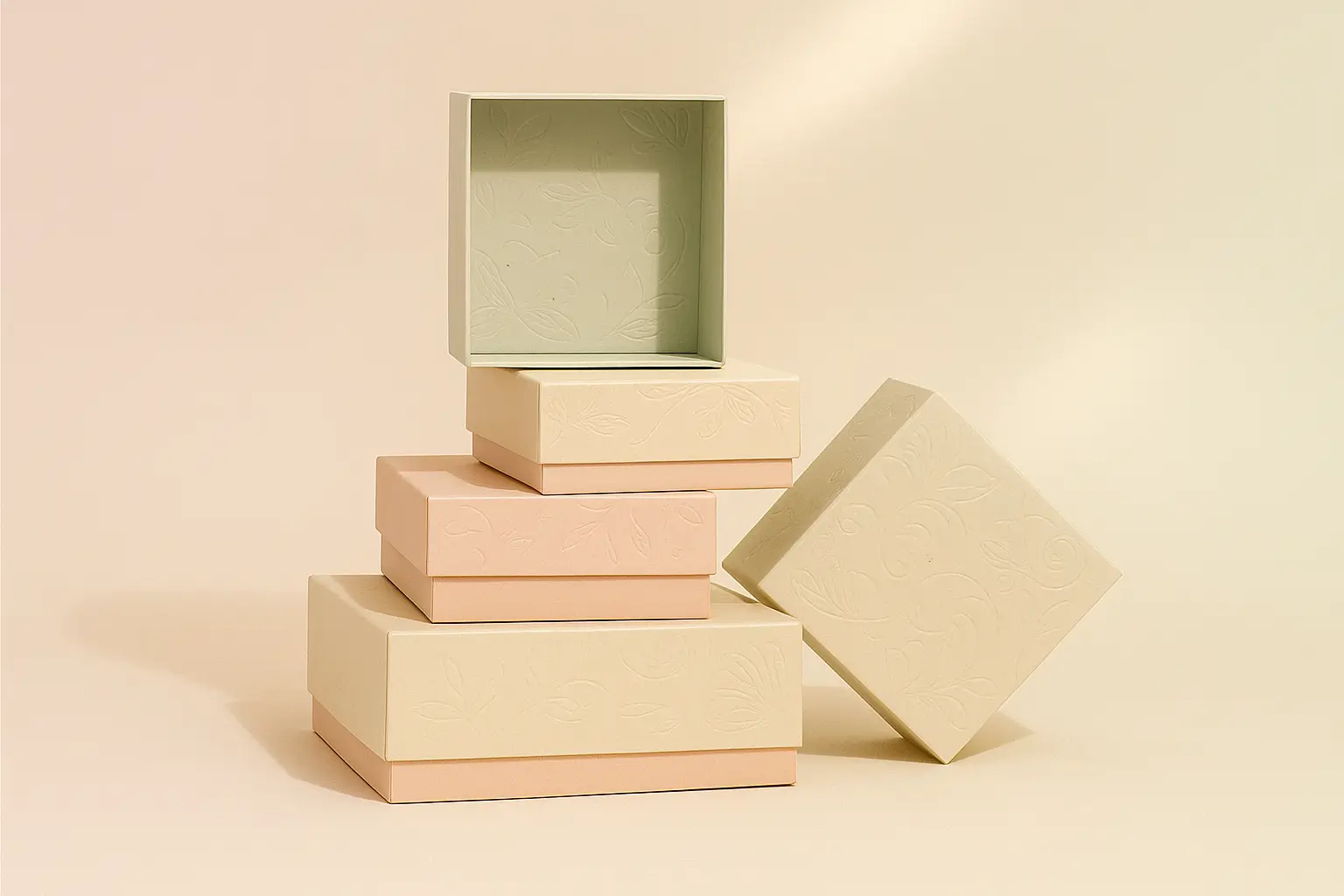 Luxury lid and base rigid boxes with elegant embossed floral and geometric patterns in pastel tones, premium packaging design banner