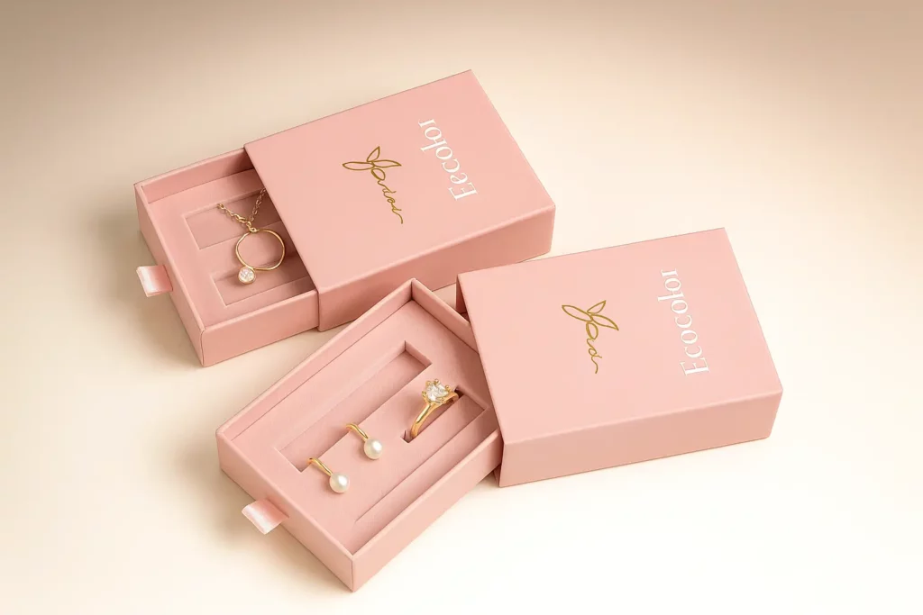 Luxury pink two-piece jewelry box with gold logo on soft 3D minimal background by Ecoicolor