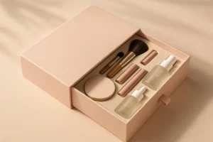 Luxury rigid drawer box packaging for cosmetics and beauty products with custom-fit velvet insert holding powder, brushes, lipsticks, and skincare bottles