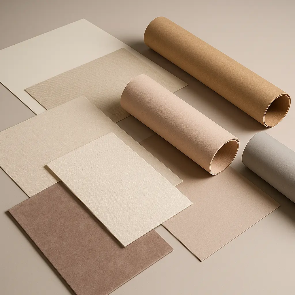 Luxury wrapping papers in various textures including kraft, velvet, linen, and coated art paper for rigid box covering