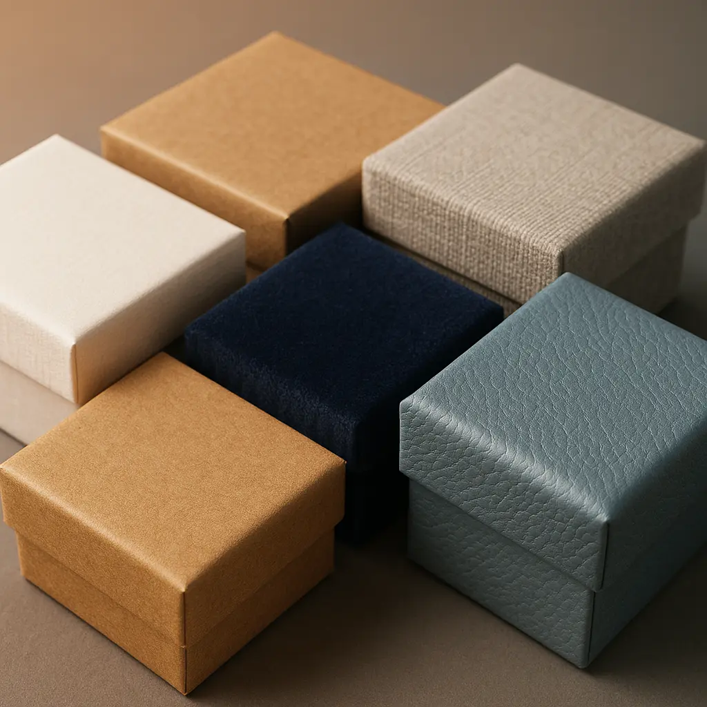 3D render showing different wrapping material options for magnetic boxes including art paper, kraft, textured paper, linen, velvet, and PU leather with realistic surface textures