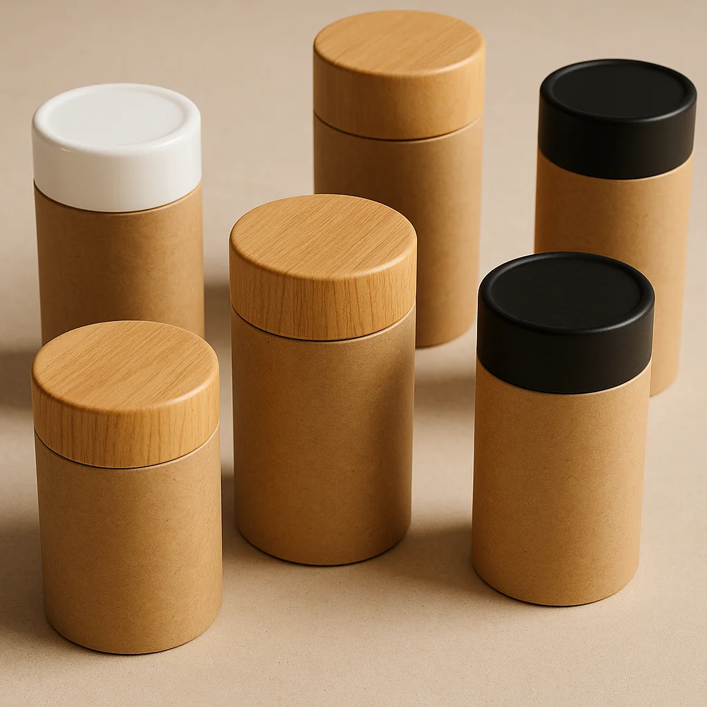 Plastic and wooden lids for paper tube packaging, featuring custom-molded plastic caps and elegant natural wooden tops — premium eco-friendly closures for luxury packaging.