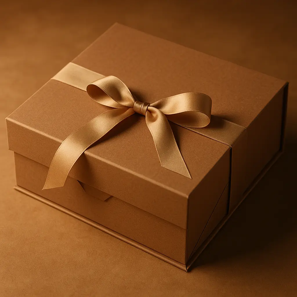 Foldable gift box with ribbon closure assembled for inspection