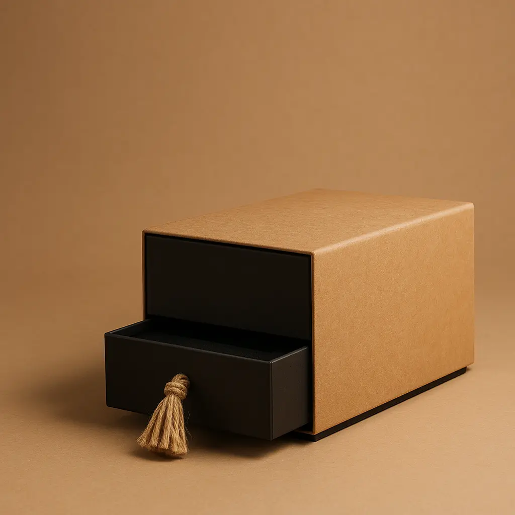 Rigid drawer box with rope/tassel pull in matte kraft finish, premium rustic packaging, product positioned right for headline space