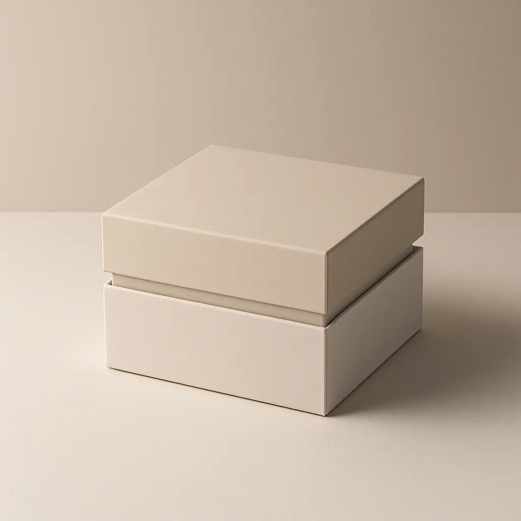 Shoulder and neck rigid box with inner tray creating a visible gap between lid and base