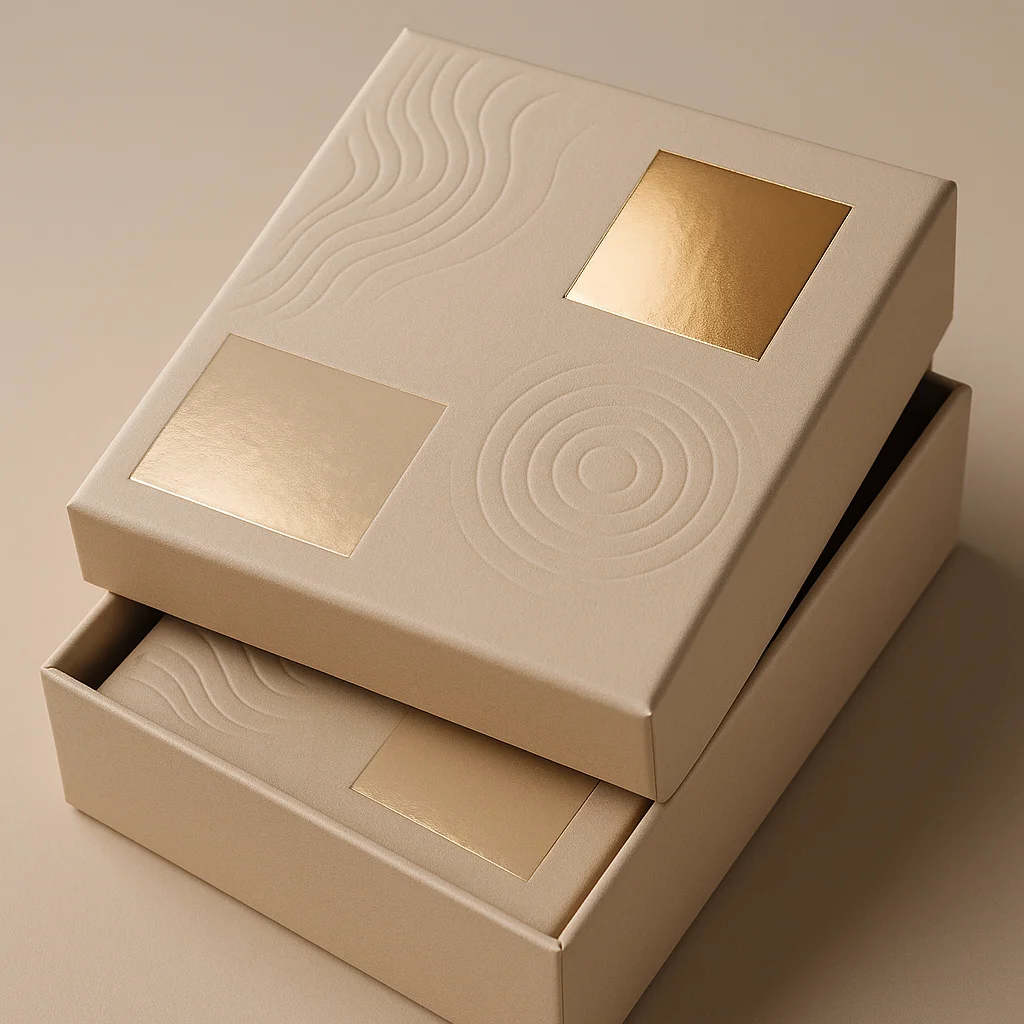 Luxury rigid box showing special finishes including foil stamping, embossing, debossing, spot UV, and edge painting