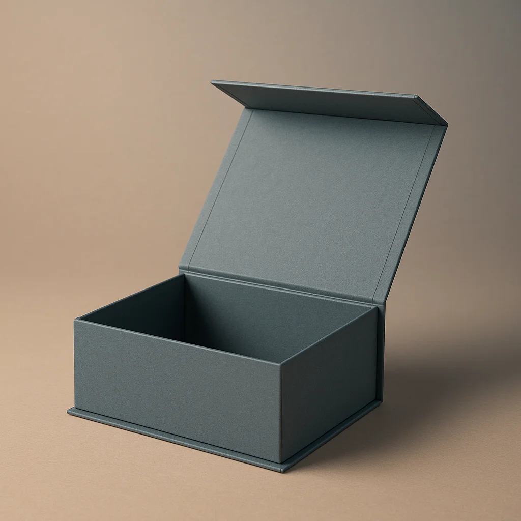 3D render of standard flip-top magnetic closure box showing hinged lid structure and premium rigid packaging design