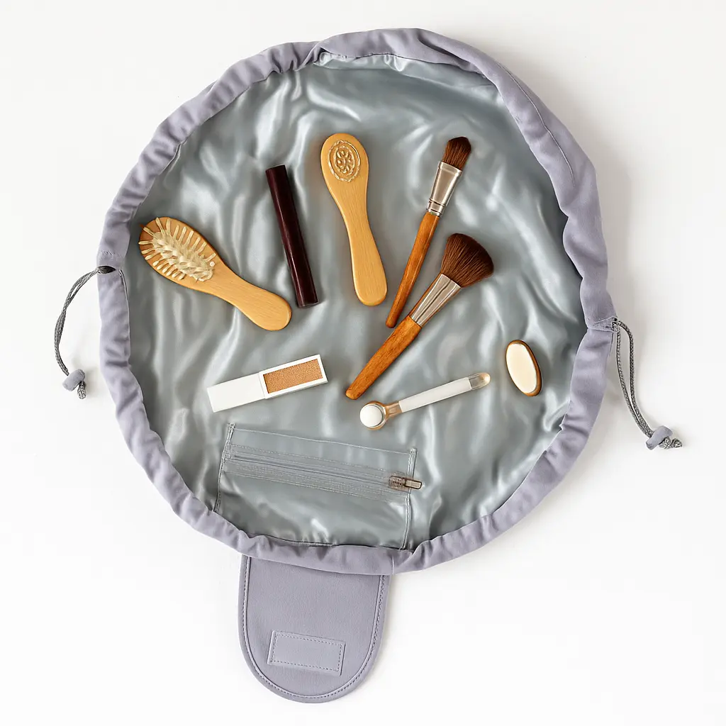 This circular drawstring cosmetic bag features a spacious open layout with built-in interior pockets for brushes, tools, and small accessories. The round design allows the bag to spread out fully, making items easy to see and access. Its lightweight construction and customizable materials make it ideal for beauty kits, influencer mailers, and private-label cosmetic brands.