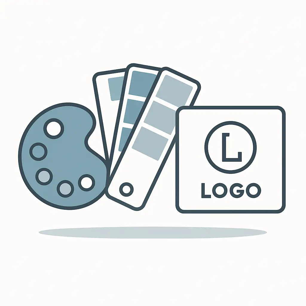 Icon representing brand consistency with Pantone color swatches and a logo card in blue-green #7695A8.