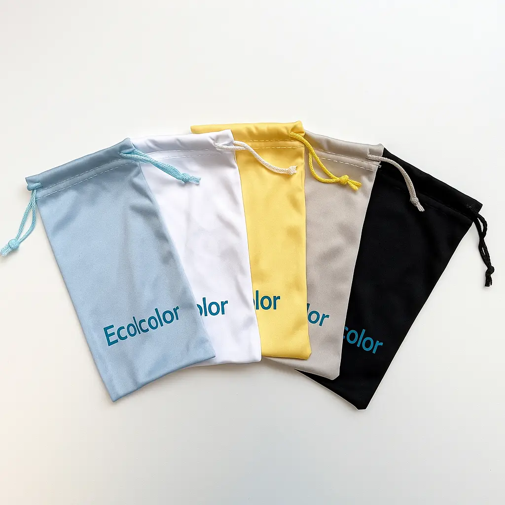 Branded microfiber sunglass pouch with drawstring closure, soft protective eyewear bag FDP-1003