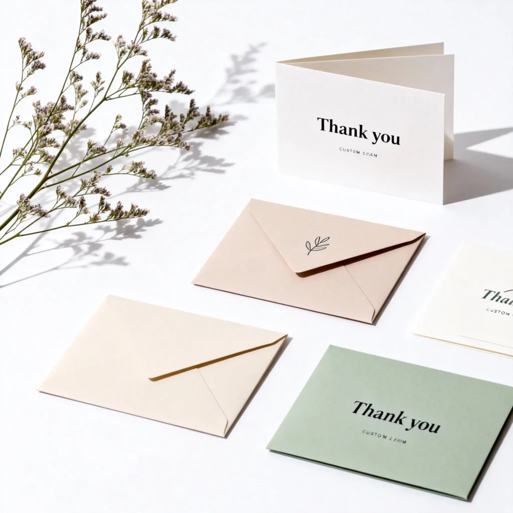 Custom thank you cards for business displayed in a clean studio layout with soft colors