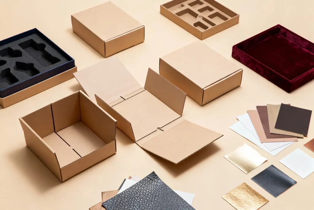 Customization options for collapsible rigid boxes including inserts, material swatches, premium finishes, and foldable box structures.