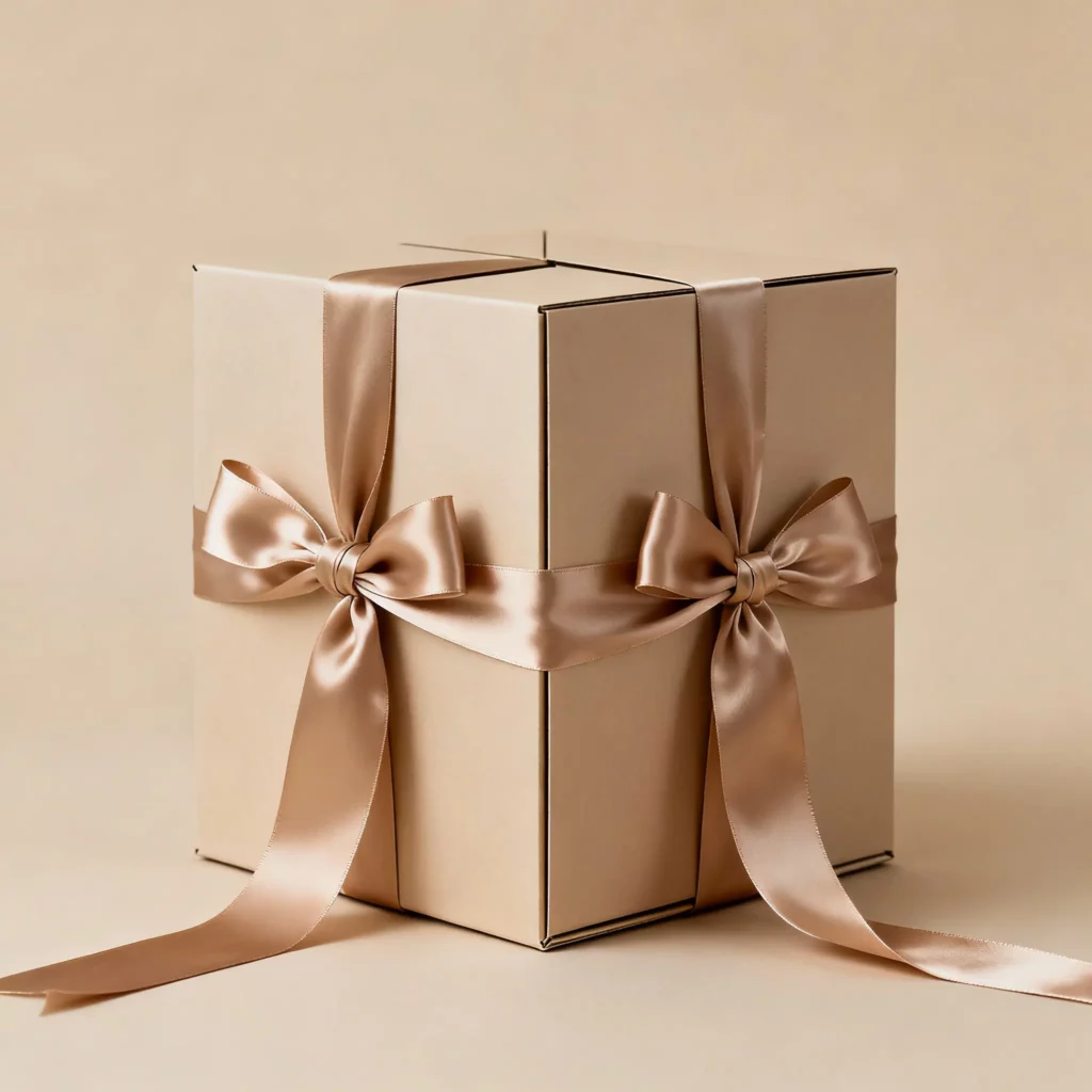 Luxury collapsible rigid box with a functional satin ribbon tie closure, featuring realistic wrap-around ribbons and natural bow folds.