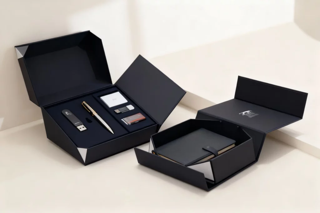 Foldable rigid box packaging kit for corporate gift set