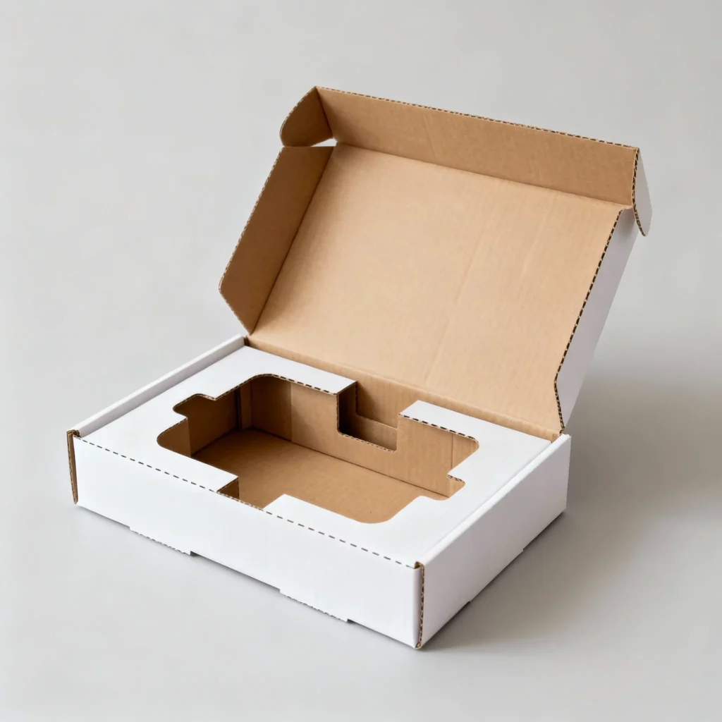 Eco-friendly die-cut cardboard packaging insert with precise slots for securely holding products.