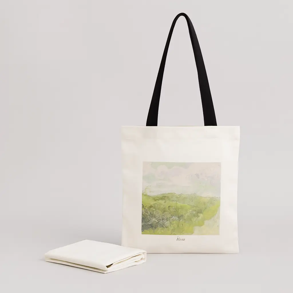Lightweight canvas tote bag with printed artwork, representing compact and foldable custom tote bags available for wholesale