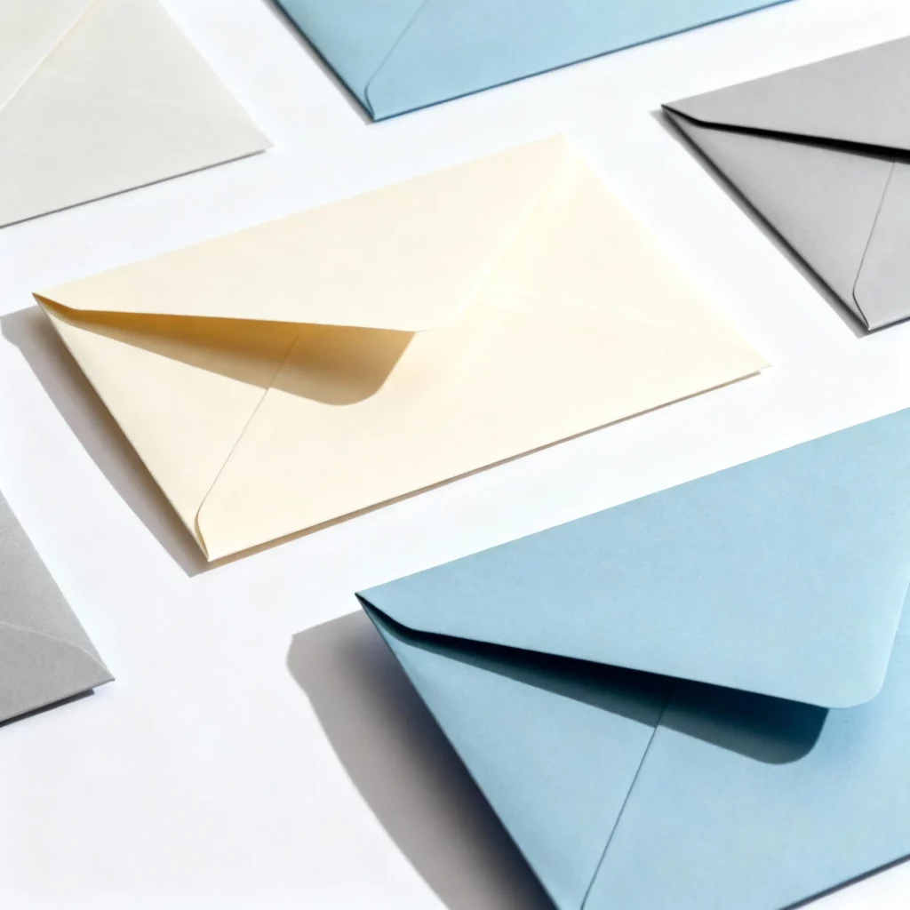 Custom printed envelopes in soft colors displayed in a clean studio layout for packaging use.