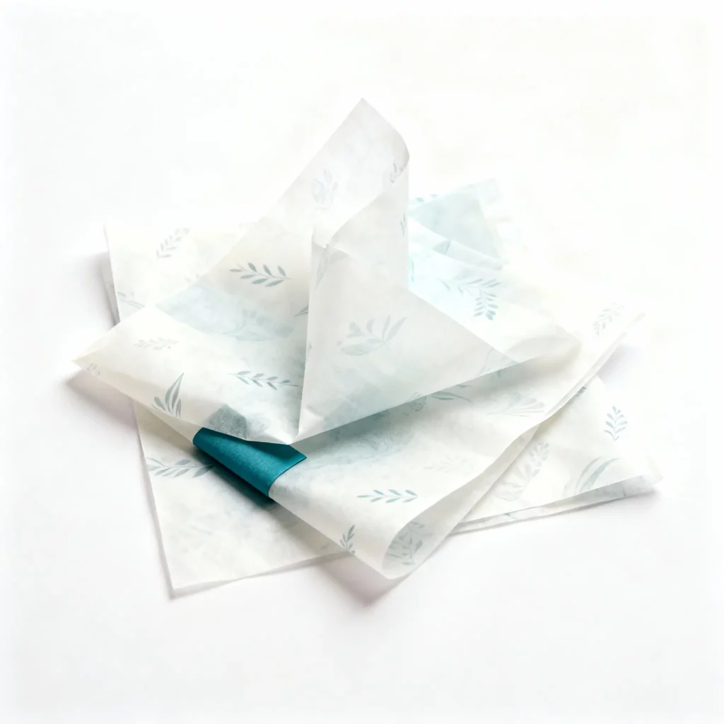 Custom printed tissue paper shown in soft layers for luxury packaging unboxing.