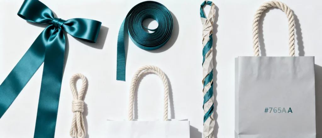 Assorted custom ribbons and handles for packaging, including satin, cotton, and grosgrain options in a clean studio layout.