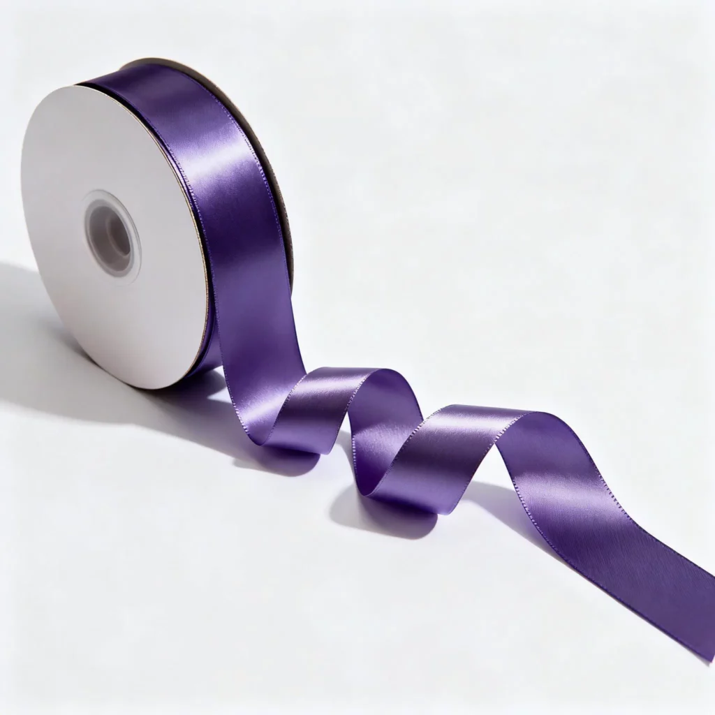 Premium satin ribbon for custom packaging, shown in a clean studio scene with soft lighting.