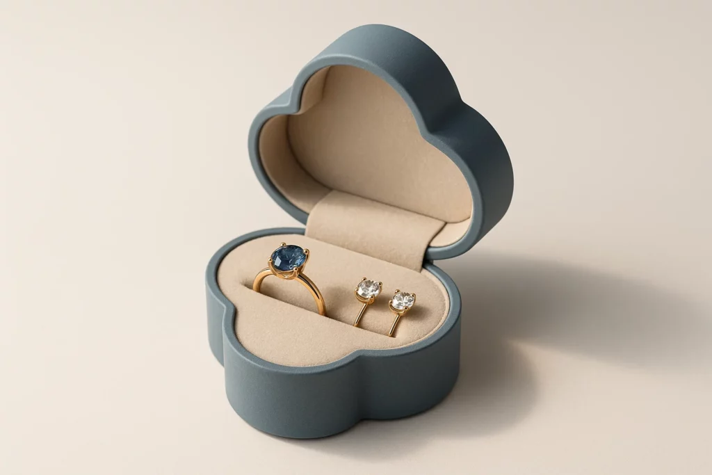 Custom shaped jewelry box for ring and earring presentation
