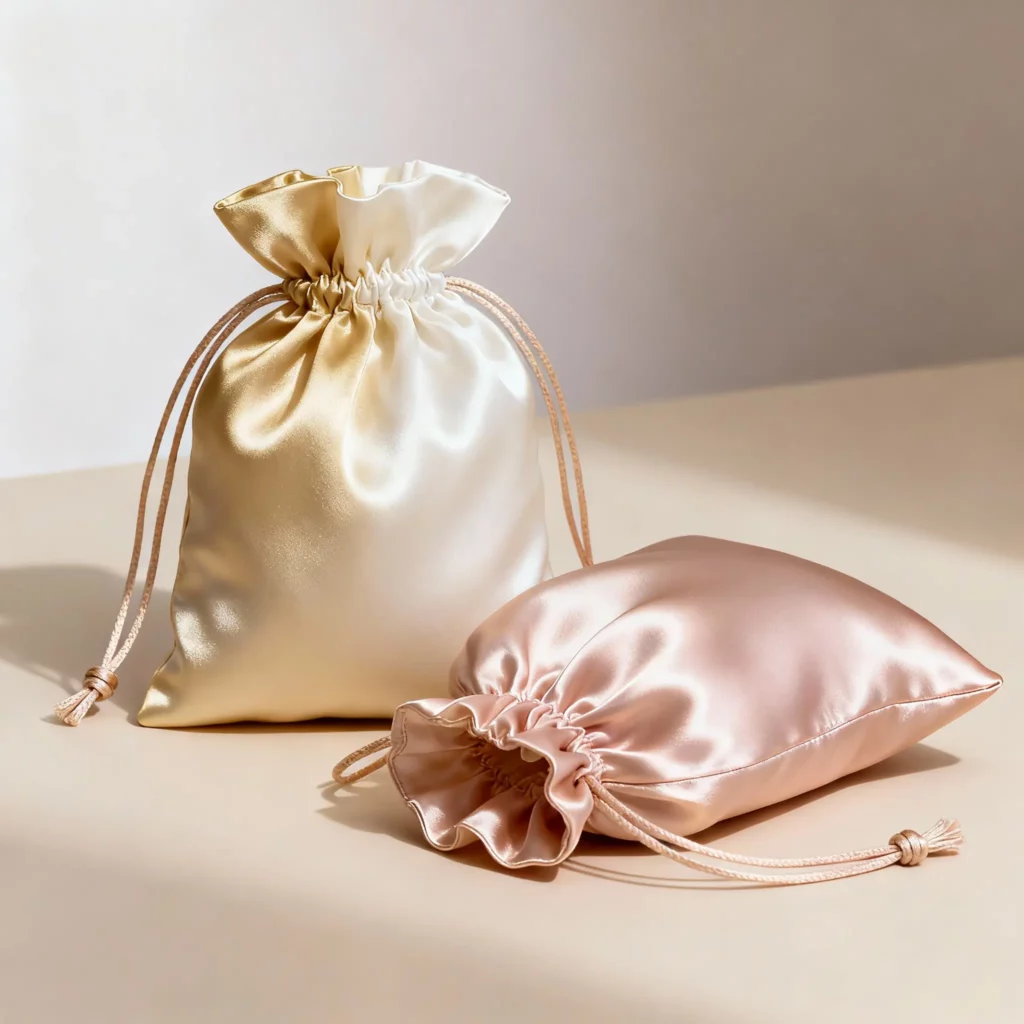 Luxury silk drawstring pouch with smooth satin texture, ideal for cosmetics, lingerie, and premium gifts.